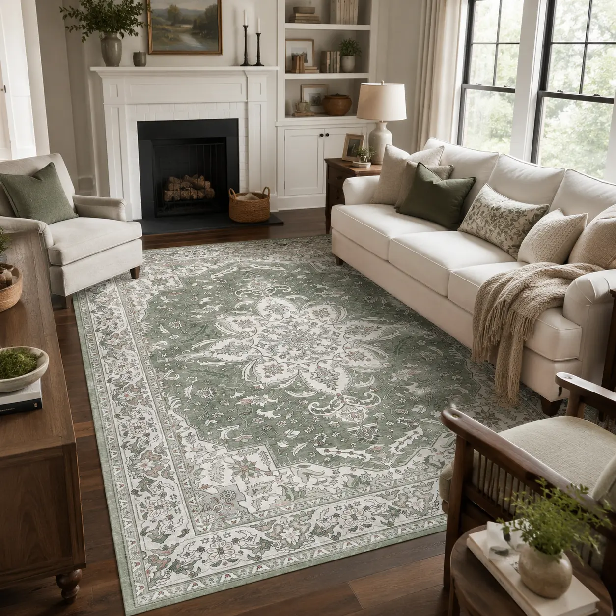 【Back To School】GENIMO Washable Vintage Area Rugs for Living Room, Non-Slip Low Pile Chenille Print Rug, Soft Rugs for Bedroom Dining Room Home Office, Sage & Linen