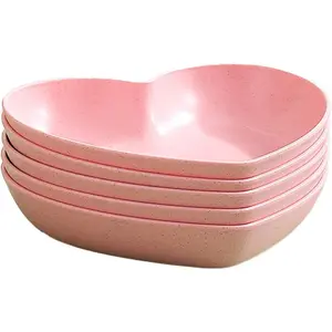5 Pack 6 Inch Heart Shape Mini Dipping Sauces Bowls, Unbreakable Wheat Straw Small Snack Dessert Dishes, Salad Plates for Sushi Side Dish Fruit Appetizer Cake, Pink
