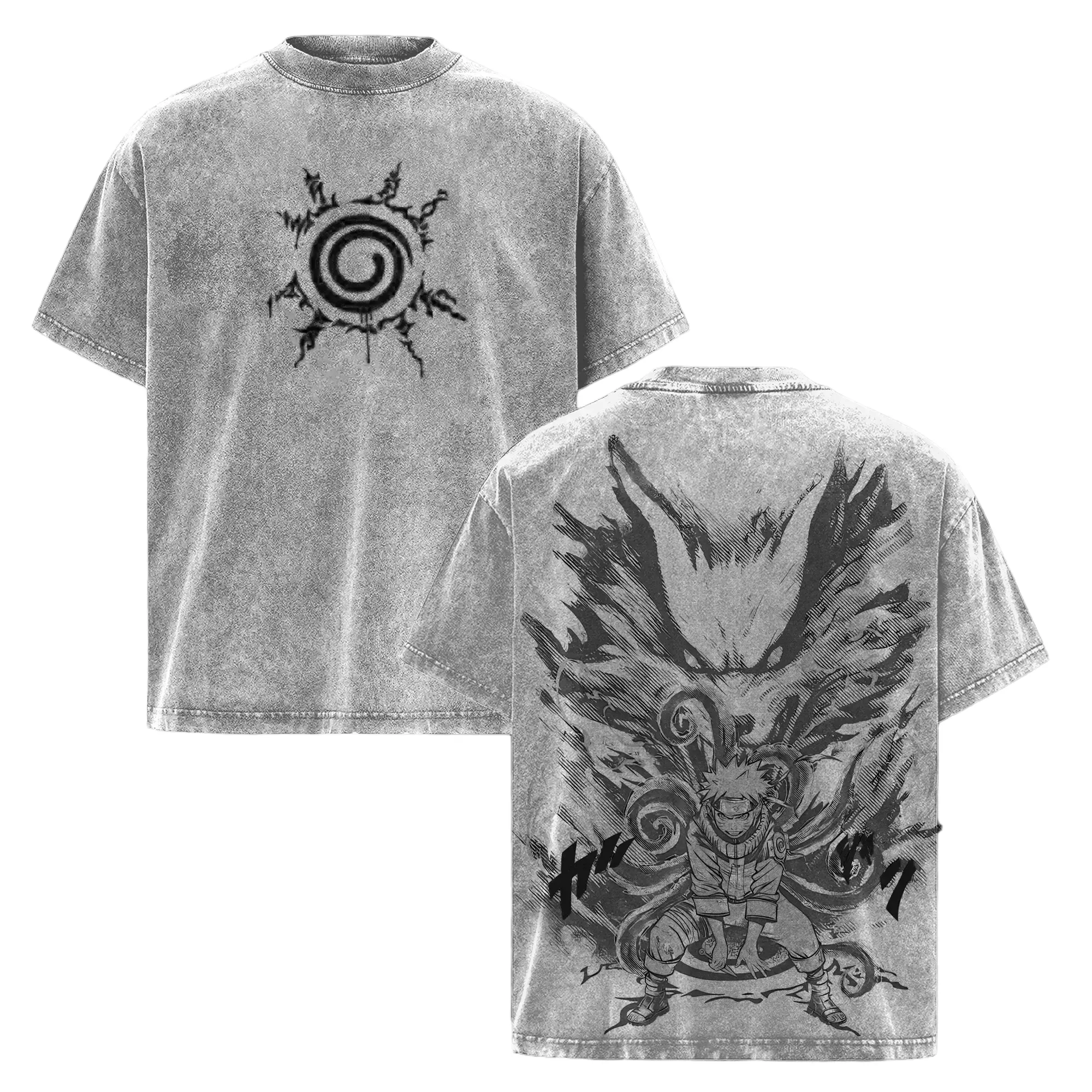 Naruto x Kurama - Naruto Anime Double Printed Vintage Washed Unisex Oversize Anime Manga Washed Heavyweight Cotton T-shirt, gifts For Anime Fan, Anime Lover  Clothes soft Anime Lover Wash vintage anime tee Fit Apparel