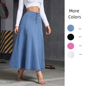 JUNBAOSS Women's Casual Stretch Mid Rise Long Denim Flowy Skirt Women Button Down Mid-Length Streetwear Denim A Line Skirt