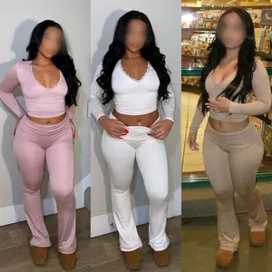 Women's Fashion Spring Tracksuit New Lace V-Neck Shirt Solid Color Flare Pleated Pants Two-Piece Set croptopswomenlatina homebodybaddieset prettygirlloungeset prettylittlething twopieceset revealingclothing plain regular yellow plain