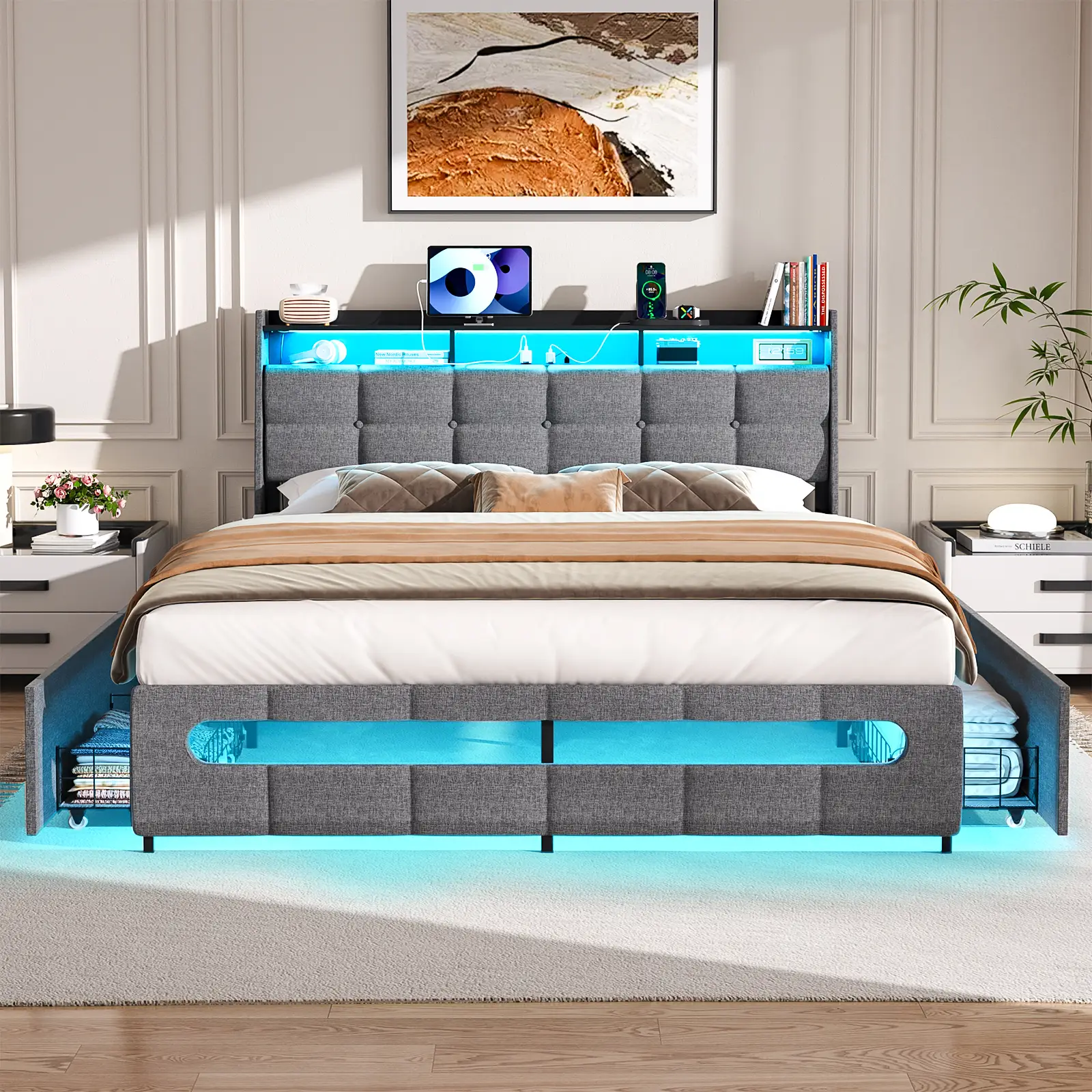 Cyclysio Queen/Full/Twin Size Bed Frame with Headboard & 4 Drawers, LED Bed Frame with Charging Station, Upholstered Bed with Storage Headboardg bed f