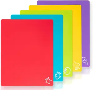 5 Pieces Flexible Plastic Cutting Board Mats with Food Icons BPA Free Cutting Boards for Kitchen Non Slip Cutting Mat for Meat and Vegetables Red Bright Yellow Light Green Purple Lake Blue