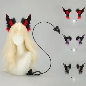 2025 Dark Gothic Halloween Headpiece - Demon Horns & Bat Ears Headband with Demon Tail Prop Set