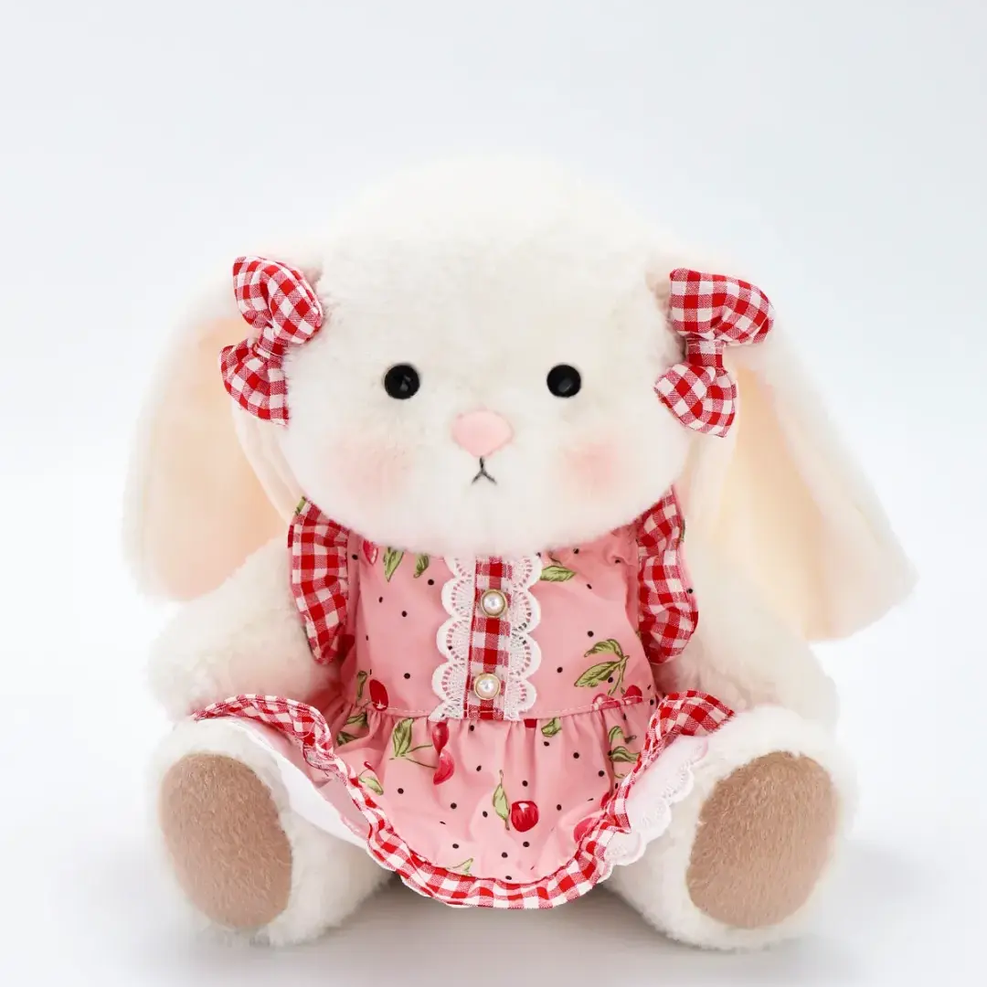 Getahug Jointed Bunny Stuffed Plushie - Handmade Pink Cherry Dress Stuffed Animal, Handmade Dress Toy for Kids, Ideal Gift Item