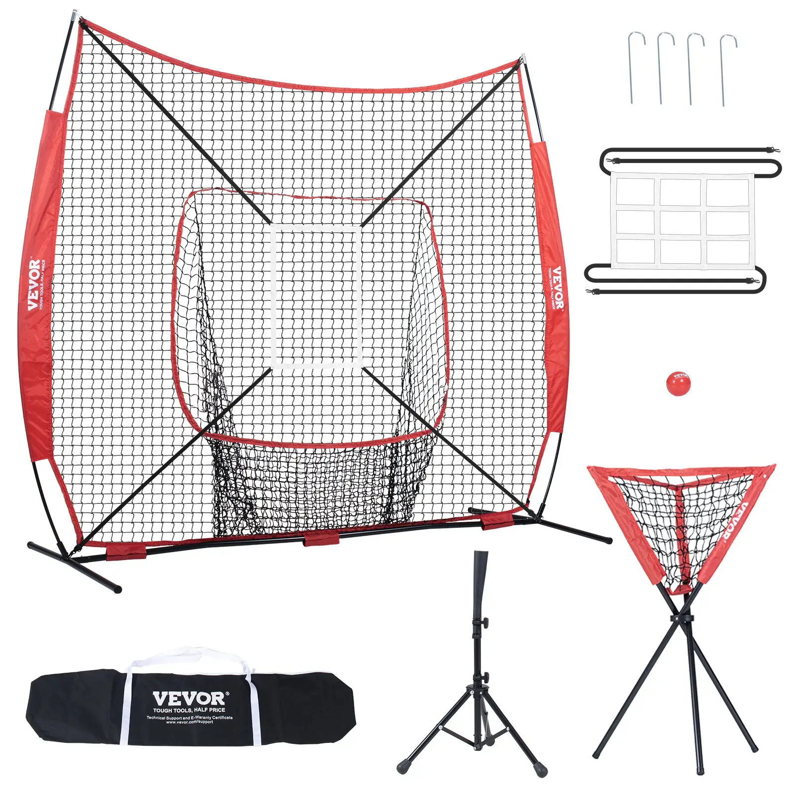 【Summerfinds】VEVOR Portable Polyester Anti-Tipping Baseball Softball Training Complete Kit, 7x7 ft Adjustable Bow Frame Backstop Batting Cages, 18.8 lbs Carry Bag Set with Strike Zone, Batting Tee + Ball Collector + Red Ball, Durable 8.54 kg Tool Kit, Ant