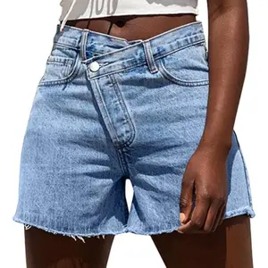 Genleck Women Crossover High Waisted Jeans Shorts Stretchy Casual Denim Shorts Boyfriend Summer Womenswear Streetwear Bottom Fit Ripped Style Chic