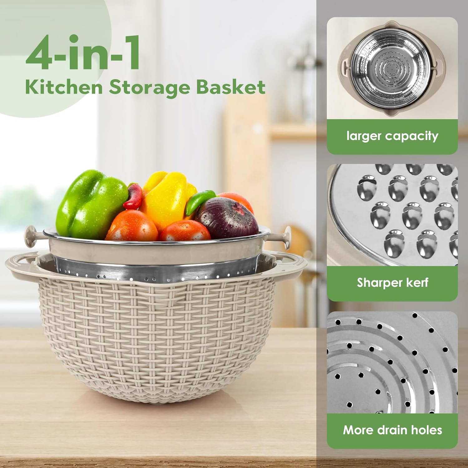 4-1 Multifunctional Kitchen Colander Bowl Set - Includes Kitchen Fruit and Vegetable Cleaner, Food Strainers, and Utensils (Beige)
