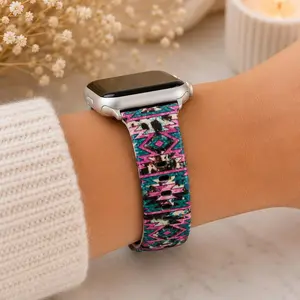 Western Aztec Watch Band | Pink Turquoise Cow Print Watch Strap | Boho Southwestern Watch Band