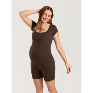 MOMANDA Women's Maternity Bodysuit Short Sleeve Jumpsuit Square Neck Seamless Romper for Pregnancy