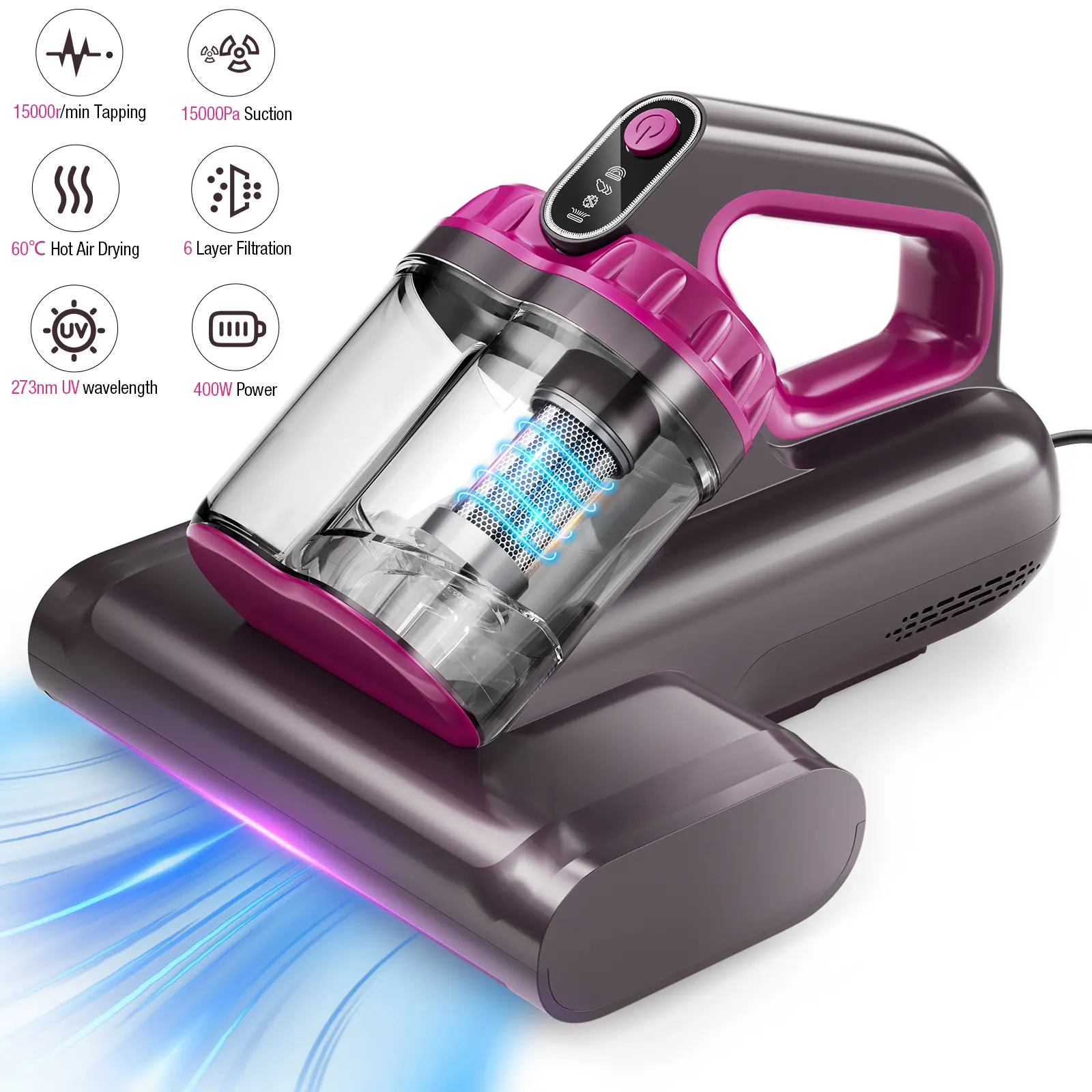SASINON Corded Handheld Mattress Vacuum Cleaner Deep Cleaning Machine, 400W, 15Kpa, 273nm UV-C Light, Ultrasonic Heating, Double Cup Wide Suction, 0.6L Capacity, for Bed, Pillows, Sofa