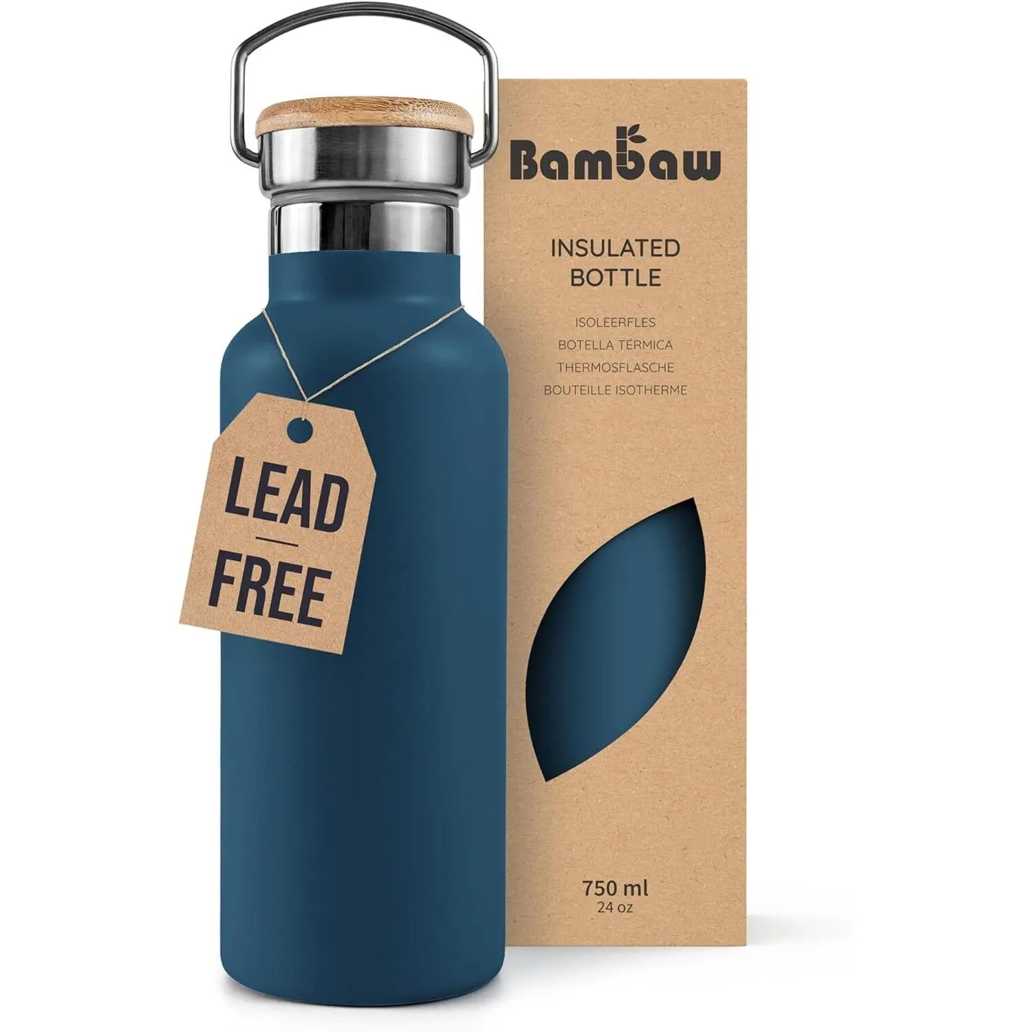 Bambaw Insulated Water Bottle 24oz, Blue Water Bottle for Hiking, Stainless Steel Water Bottle, Water Bottle with Handle, Metal Water Bottle Wide Mouth, Steel Water Bottle – Aegean Blue