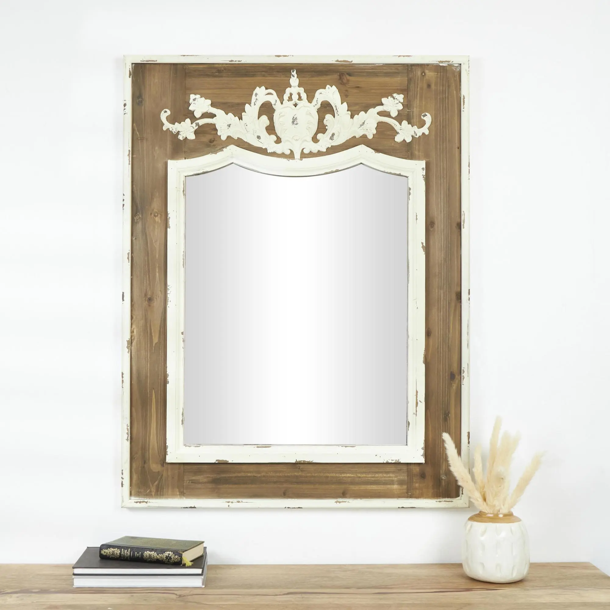Vintage-Inspired Acanthus Scroll Wall Mirror, Floral Brown Wood Frame with Distressed Cream Accents, Flower-Decorated Light-Reflective Glass for Home Decor Entryway