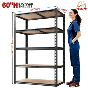 60"H Garage Shelving Storage Shelves 5-Tier, 72" H X 35.5" W X 16" D, 2000LBS Capacity Heavy Duty Adjustable Storage Shelve For Closet, Pantry & Garage Organization, With Gloves & Hammer, Easy Assembly Required, Garage Storage Model: 60H-Black