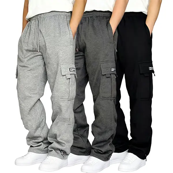 Men’s loose straight-leg cargo sweatpants, available in multiple colors, featuring large side pockets and a zippered, adjustable elastic waistband with drawstring; long pants for everyday wear and sports outings.