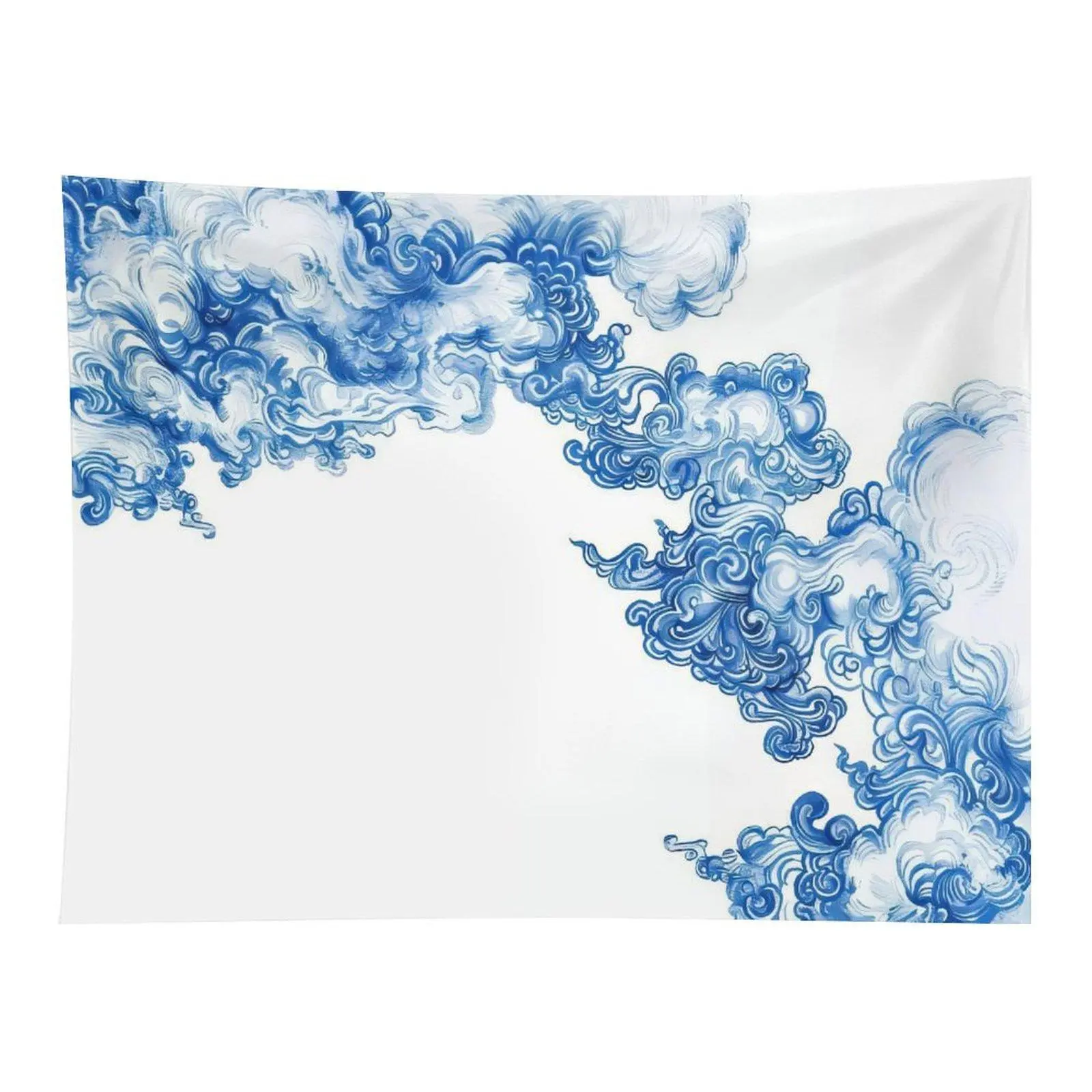 Traditional Blue Chinese Cloud Pattern Wall Tapestry Elegant Oriental Swirl Cloud White Background Vintage Style Wall Art For Home Decor