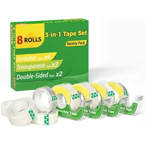 Tape for  Wrapping, 8 Rolls with Dispensers, Includes Invisible Tape, Double Sided Tape & Clear Tape, Variety Pack  Wrapping Tape, , Office, School & Holiday