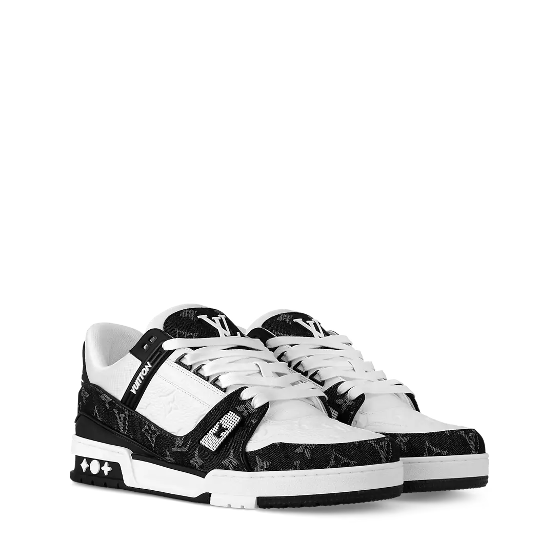 ‮   nottiuV siuoL ‬    X   Classic Ｔｒａｉｎｅｒ Ｓｎｅａｋｅｒ Retro Skate Shoes, Premium Denim Black White Low-Top Leather Sneakers for Men
