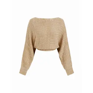 Cider Knit Boat Neck Lace Up Batwing Sleeve Cropped Top Dealsforyou