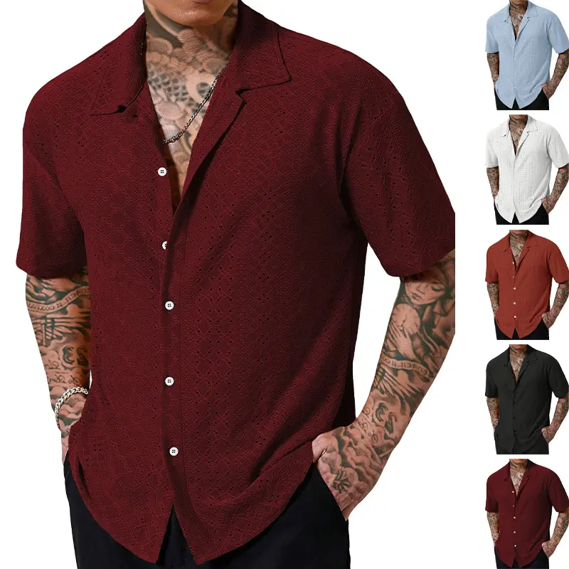 New summer men’s breathable collared solid-color versatile button short-sleeve shirt / casual T-shirt; fashionable cutout jacquard men’s shirt top; #SummerWins, #fathersdaygift