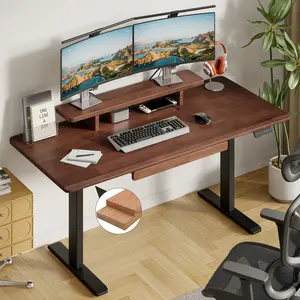 ONBRILL Standing Desk with Drawer, 55x23.6 Inches Solid Wood Desktop Stand Up Desk with Whole-Piece Board and Storage Shelf, Adjustable Height from 28-46 Inches for Home & Office