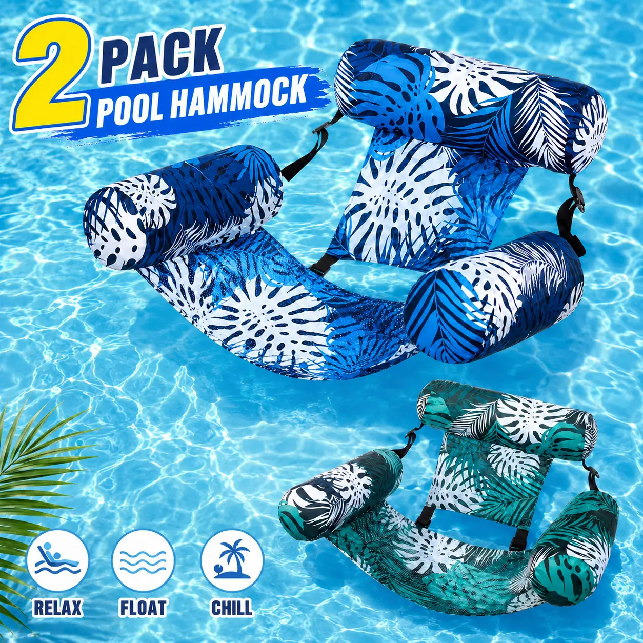 Summer Pool Float Set for Adults, 2-Pack Inflatable Hammock Lounger with Backrest, Comfortable Water Lounging Chair for Outdoor Parties & Relaxation