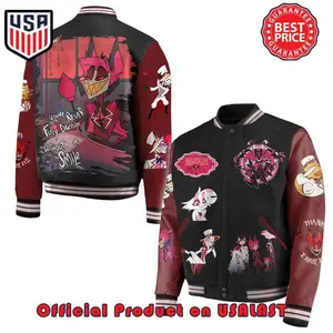 Hazbin Hotel Smile Varsity Jacket, Anime Graphic Bomber Layer, Colorful Statement Outerwear, Trendy Fan Gift For Bold Fashion Lovers