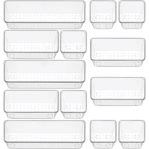 12 Piece Clear Drawer Organizer Set, 3 Sizes Bathroom Vanity Organizer Trays and Storage Bins for Makeup, Cosmetics, Jewelry, and Gadgets. Perfect for Office, Kitchen, Bedroom, Bathroom Use.