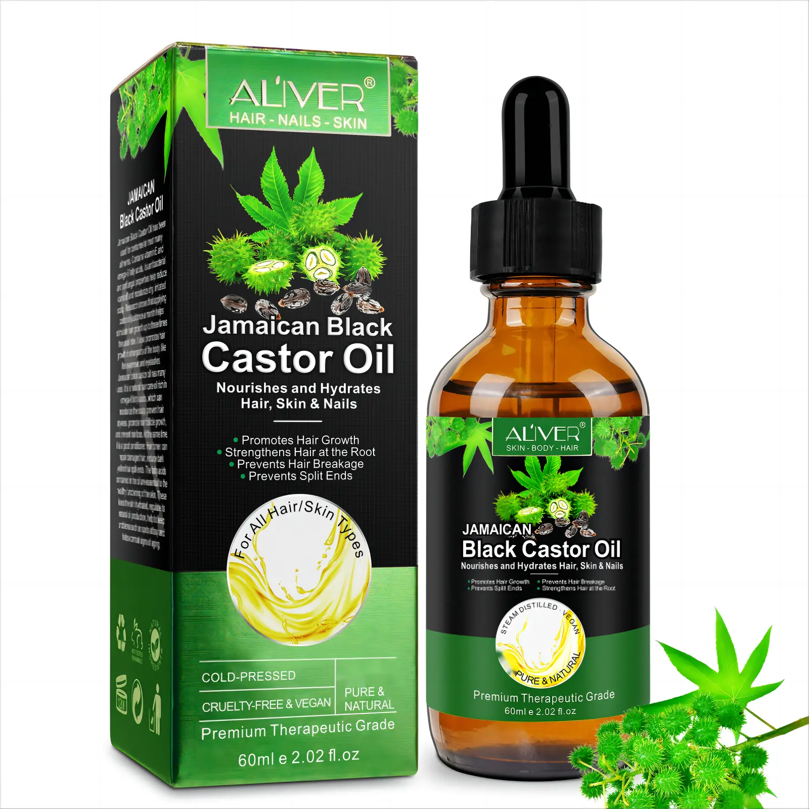 Aliver Jamaican Black Castor Oil (60ml) - Natural Haircare, Nourishing Hair Treatment, Castor Oil Leave-In Treatments for Hair & Skin Hydration