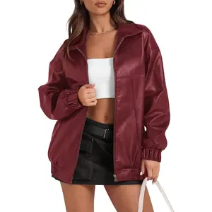 Lannew Womens Leather Jacket Oversized Faux Casual Zip Up Bomber Motorcycle Jackect Trendy Fall Winter Clothes S-XXL