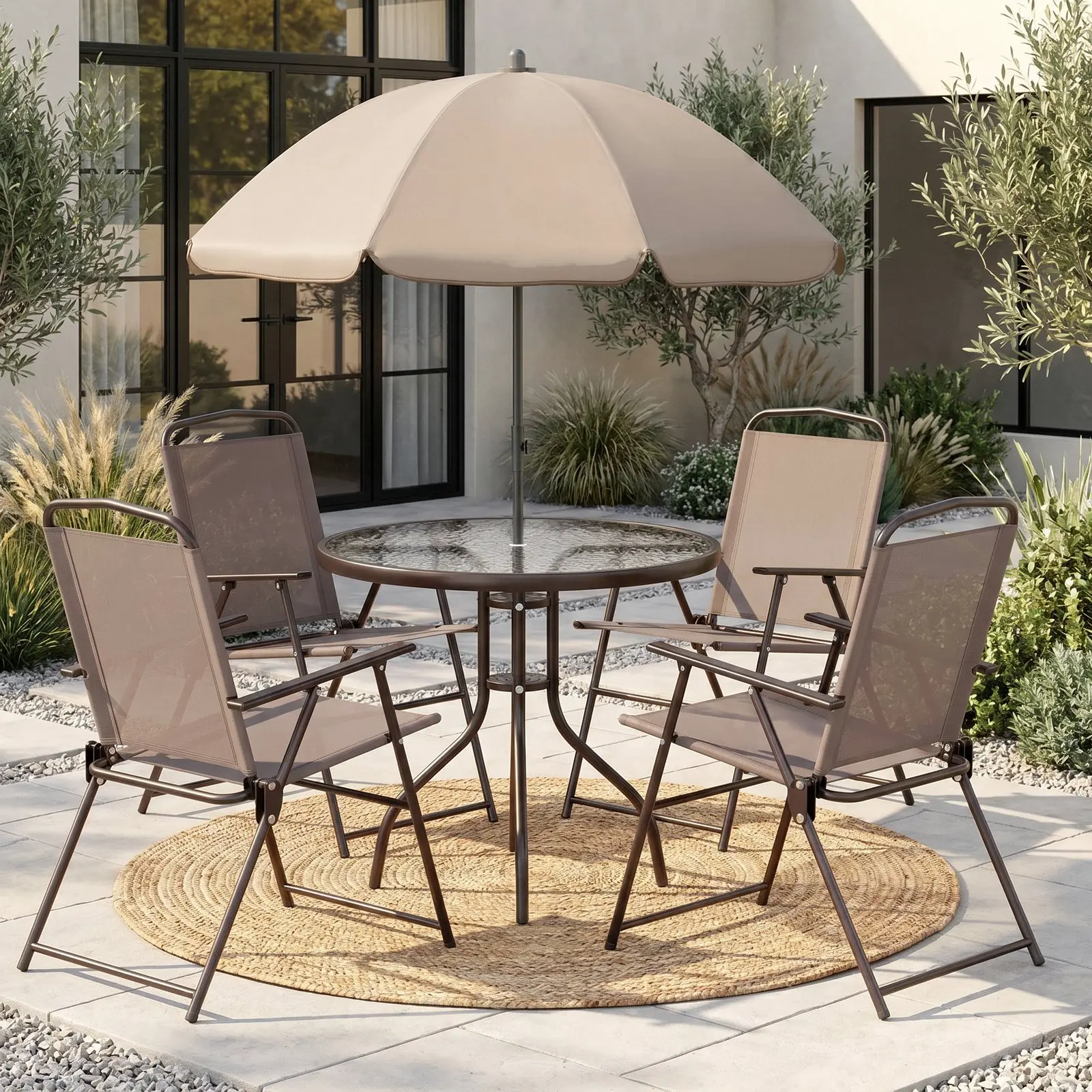【TiktokShopStockUp】Arlopu 6 Pieces Patio Dining Set with 65″ Umbrella, Outdoor Table and Chairs with 31.5″ Round Glass Table, 4 Folding Textilene Chairs, Patio Dining Set W/Steel Frame, for Garden Poolside Backyard, Black, Brown summergarden