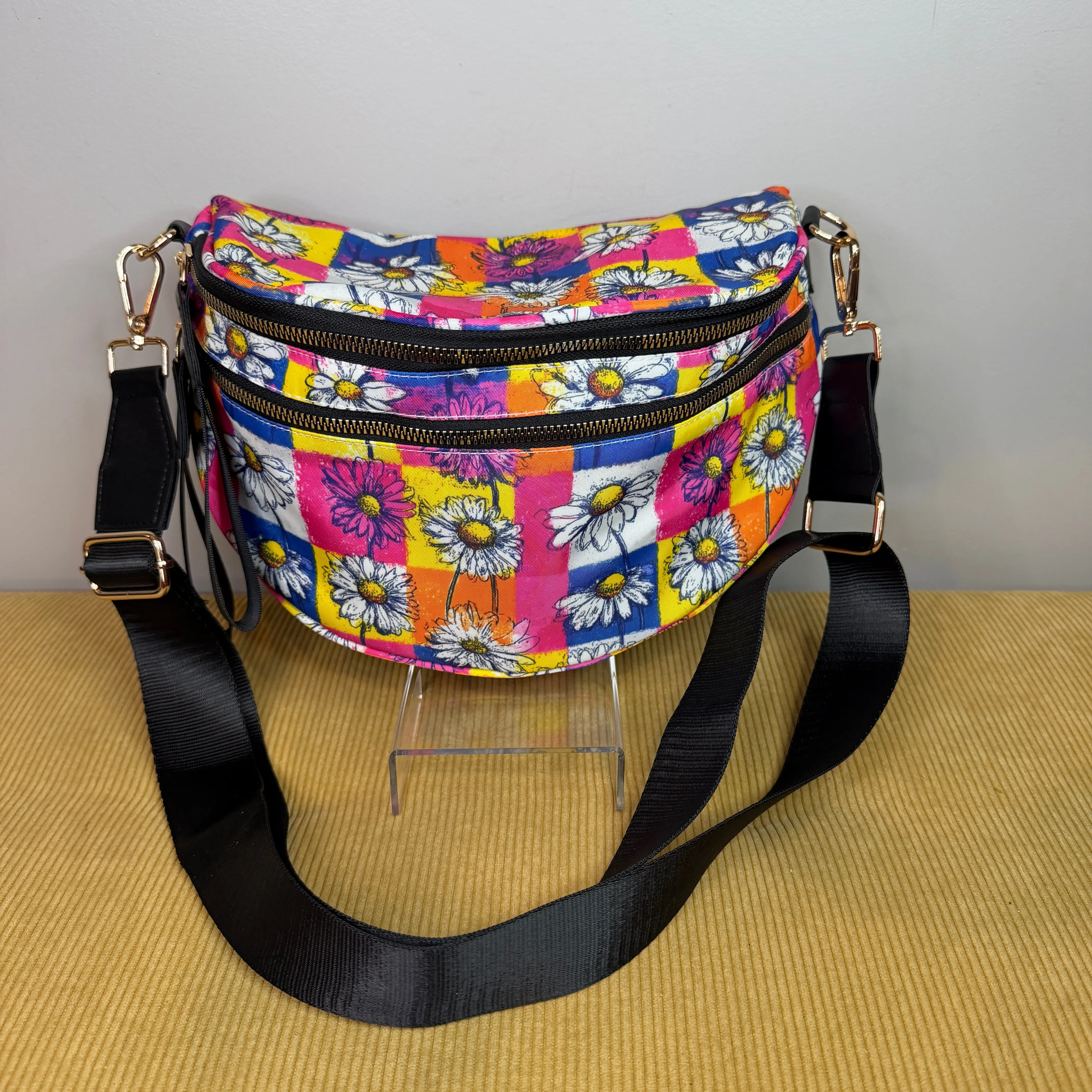 Women's Roni Nylon Crossbody & Shoulder Bag - Colorful Checkered, Daisy Floral Design, Removable Strap, Zippered, Casual, Fully Lined Inner, Colorful Nylon Women's Crossbody & Shoulder Bags, Ready To Ship, Messenger Bag