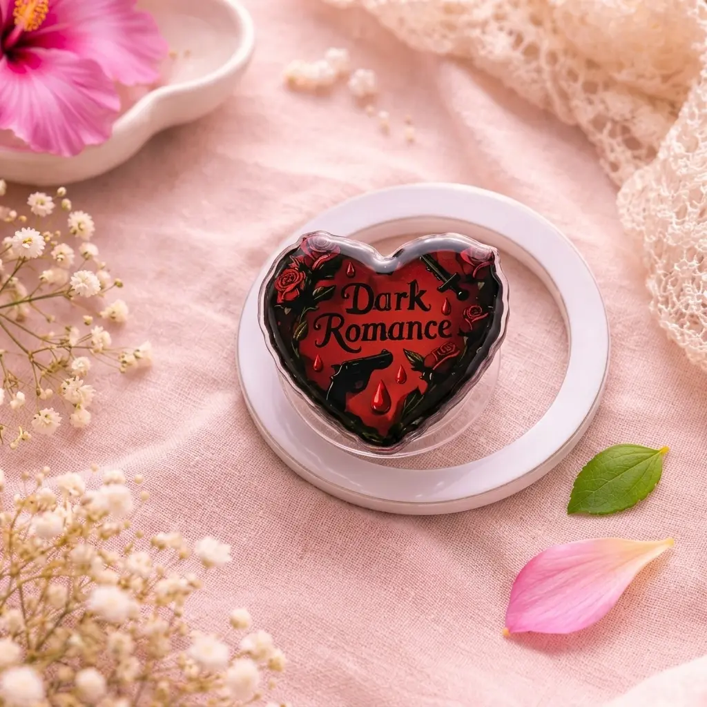 "Dark Romance" Heart Phone Grip Clear Acrylic Griptok - Aesthetic Gothic Novel Theme Cell Phone Stand Holder, Edgy Thriller Book Reader Kindle Accessory, Unique Gift for Readers
