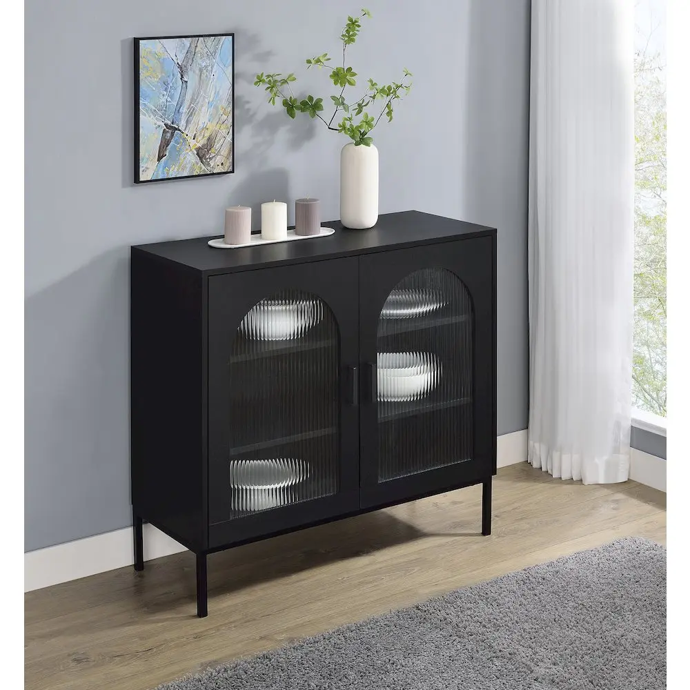 Durable Jess Wood Accent Cabinet - 2-Door Arched Fluted Tempered Glass Front, Adjustable Shelves, Slender Legs, Minimalist Black Indoor Cupboard, Arched Shape Display Storage Living Room Furniture