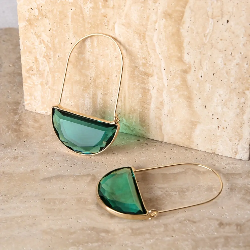 Bohemian Geometric Earrings for Women Semi-Circular Transparent Green & Golden-Tone Hoop Earrings with Synthetic Stones, Lightweight Everyday & Party Jewelry, Cute Earrings