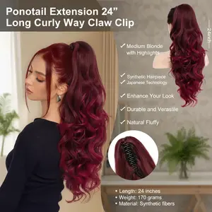 Ponytail Extension 24" Long Curly Wavy Claw Clip in Medium Blonde with Highlights Synthetic Hairpiece for Women Natural Fluffy Japanese Technology Pre Braided jaw