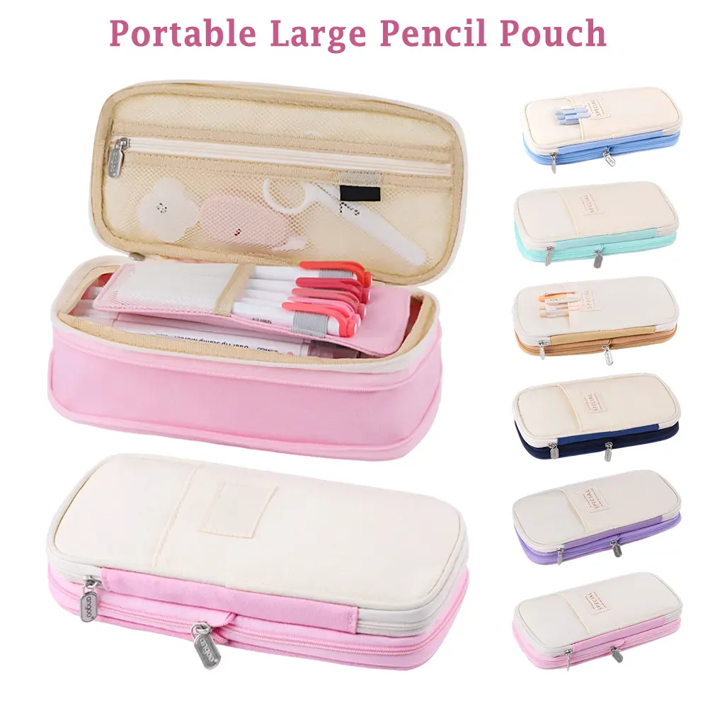 Foldable Pencil Case Zipper Big Capacity Aesthetic Canvas Pencil Pouch Compartments Stationery Organizers Pen Bag for Kids Girls Boys Teen Child Student School Supplies Makeup Bags