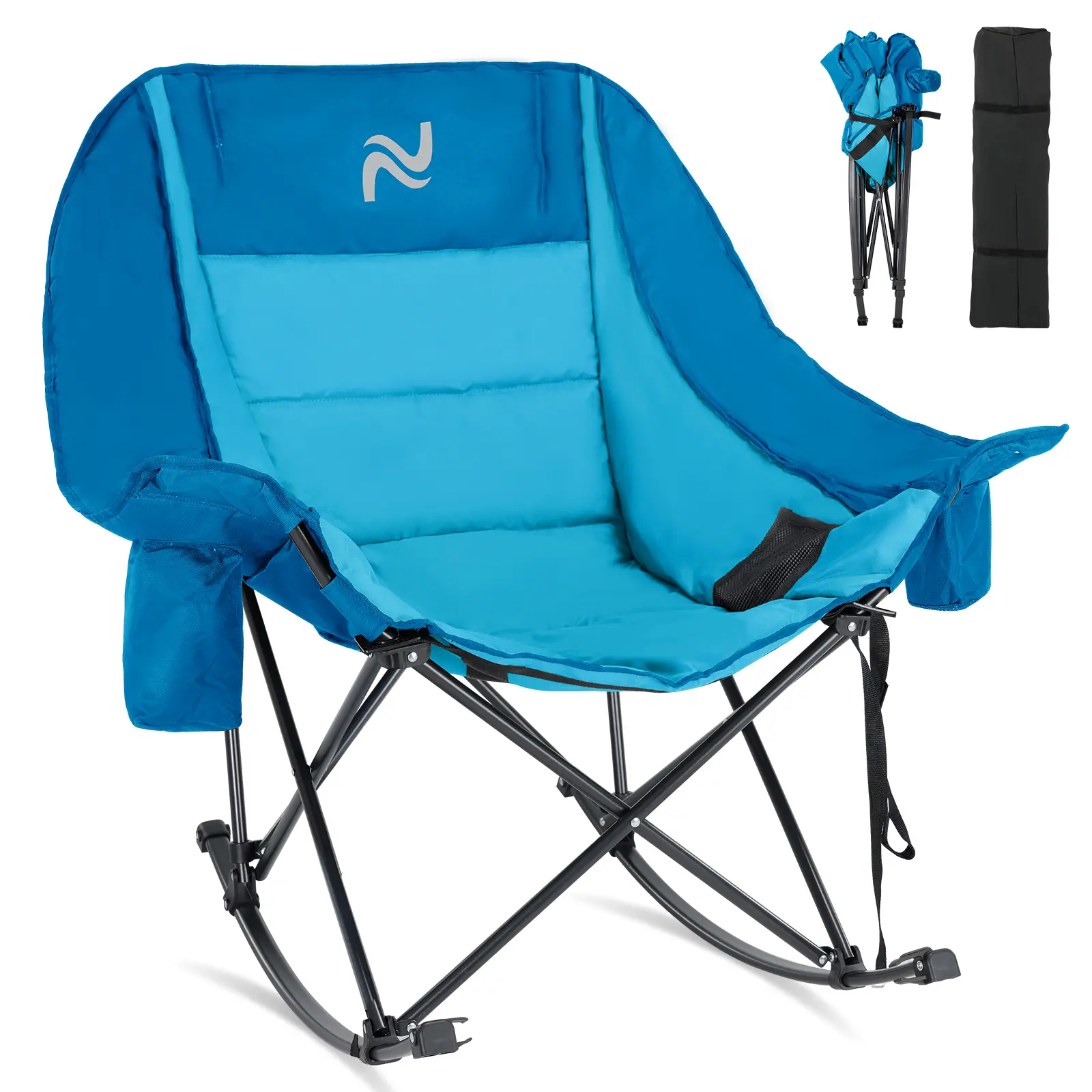 SLSY XXL Oversized Rocking Camping Chair for Adults, Fully Padded Folding Outdoor Lawn Chair with Cooler Bag & Side Pocket, Supports 400 lbs Portable Recliner