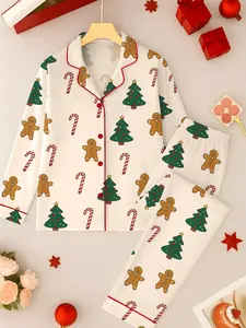Christmas Gingerbread Candy Cane Christmas Tree Print Satin Pajamas Set, Family Christmas Pajamas, Gingerbread man Pajamas, Holiday Pajamas