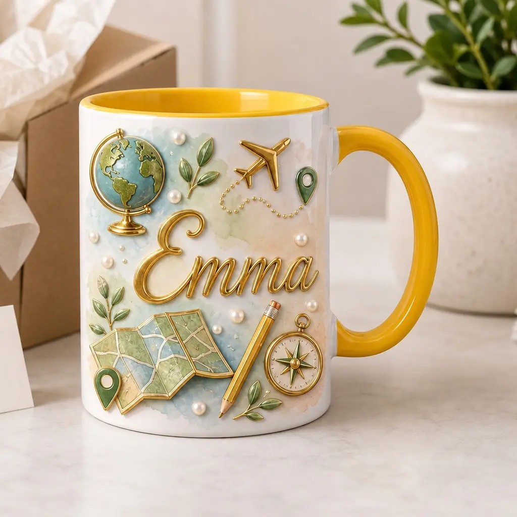 Personalized Travel Mug 2D Printed 3D Effect, Custom Name Ceramic Coffee Cup with Globe, Airplane, Map and Compass Design, Gift for Traveler Women
