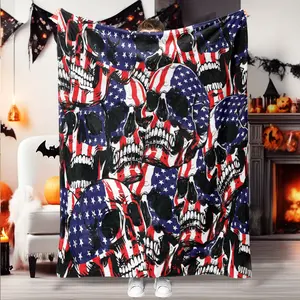 American Flag Skull Flannel Blanket, Soft Skin-Friendly Fabric, Multi-Scene Use, All-Season Comfort, Low Sensitivity & Easy Care