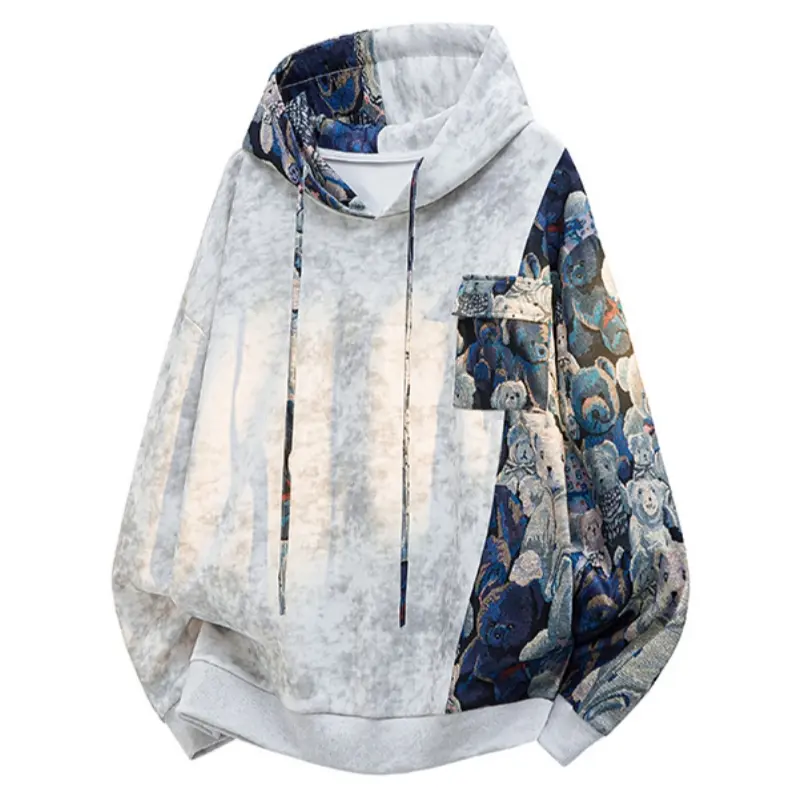 Tie-Dye Embroidered Patchwork Hoodie Men Autumn Winter Trendy Brand Design Loose Fit Jacket, Regular Style, Fleece Lined, Warm Comfortable Soft Mens Long Sleeve Top, Suitable for Casual Daily Wear Travel Outing Pullover Hoodie