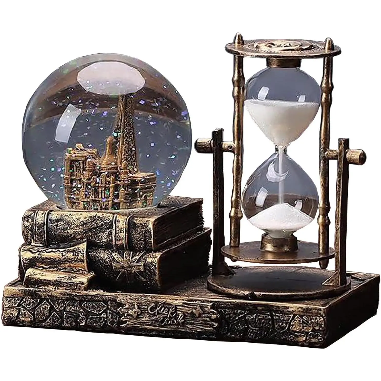 LED Music Snow Globe with Hourglass Vintage Castle Paris Eiffel Tower Home Decoration for Living Room Bedroom Book Shelf TV Cabinet Desk Table Top Decor Centerpieces Ornaments (A - Brass)