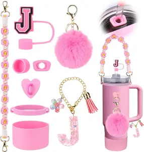 Mity rain 9PCS Pink Cup Accessories Set for Stanley Cup 30oz 40oz tumbler with handle(Letter J)