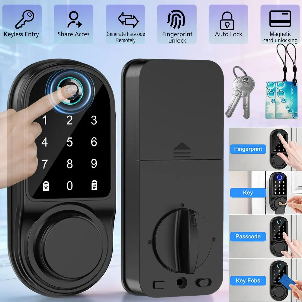 【ToolUpgrade】5-in-1 Biometric Electronic Front Door Lock, 0.3s Fast Unlock, Bluetooth App Control, Fingerprint, Passcode, Card & Key Access, Auto Lock Function, 5-In-1 Lock