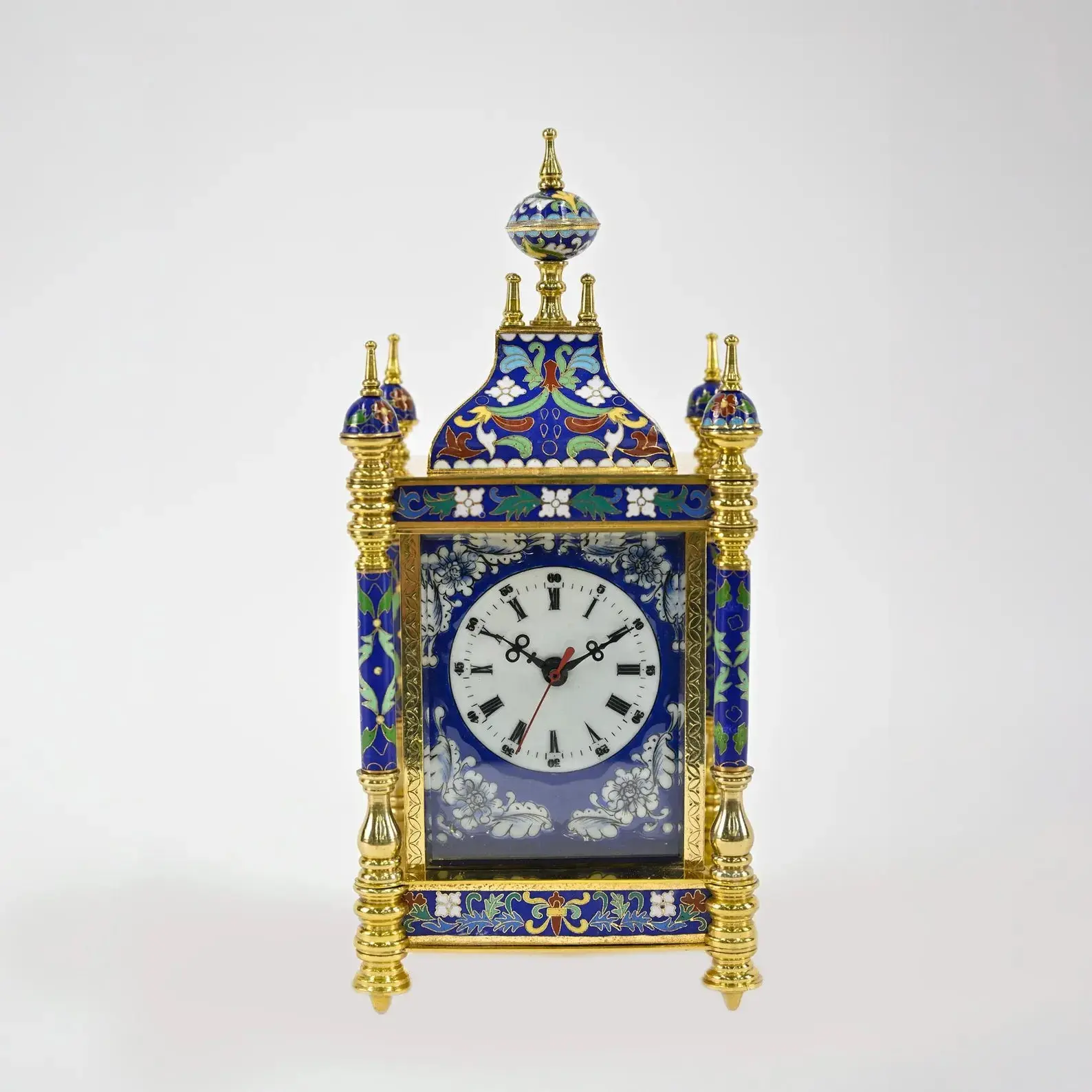 Cloisonné Carriage Clock with Painted Porcelain Panels | Elegant Handcrafted Decor | Ornate Enamel & Gold Gilded Timepiece
