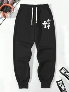 Men's regular-fit casual sports joggers, featuring a cross print pattern, elastic waistband with drawstring, pocket design suitable for outdoor activities, commuting, and streetwear; perfect gift for husband/boyfriend in spring, autumn, and summer.