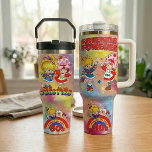 Rainbow Brite & Strawberry Shortcake Besties Tumbler 40oz 30oz with Handle, Friends Forever 80s Cartoon Cup, Made in the 80s Stainless Steel Mug, Retro Gift