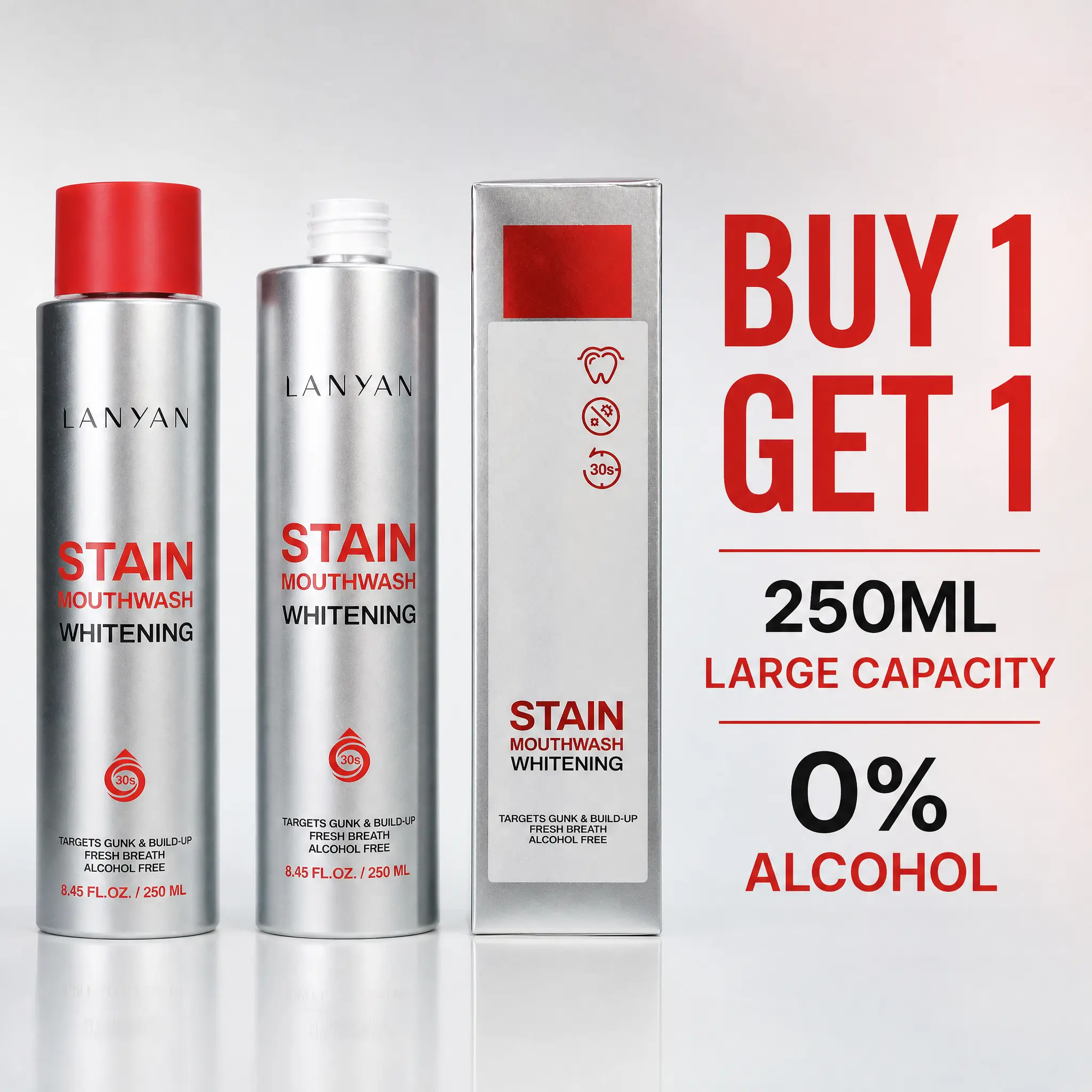 LANYAN Stain Removal Mouthwash Whitening — Buy One Get One Free 2-Pack, Alcohol Free Oral Rinse with Eucalyptus & Peppermint, Targets Gunk & Bad Breath, Natural Daily Mouth Wash for Adults, 8.45 FL.OZ. × 2