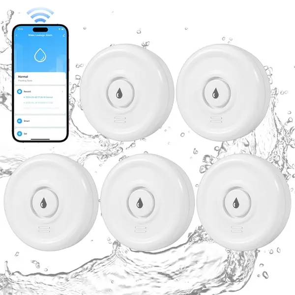 Kerui 5-Pack WiFi Water Leak Sensor, 100dB Smart Home Alarm with Real-Time App Push Alerts, IP67 Waterproof Wireless, 2.4GHz WiFi Only, No Extra Hub Required, for Basement Bathroom Pipe Leak Monitoring (Battery Not Included)